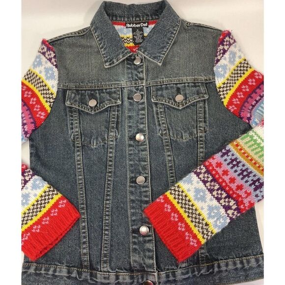Rubber Doll Jean Jacket‎ Denim Crochet Multi Color Sleeves Size Medium - Picture 1 of 5
